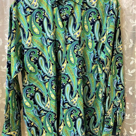Designer Alan Flusser Vintage Blue Green Yellow Paisley Cotton Shirt Medium - Picture 2 of 10